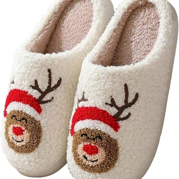 2024 Hot Selling Christmas Elk Embroidered Print Indoor Slip-On Slippers, Unisex Couple Home Slippers, Men & Women