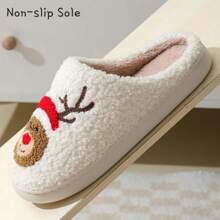 2024 Hot Selling Christmas Elk Embroidered Print Indoor Slip-On Slippers, Unisex Couple Home Slippers, Men & Women