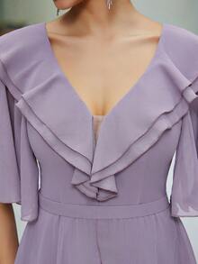 Exquisite V-Neck Chiffon Ruffle Pearl Sleeves Flounce High-End Evening Dress, Bridesmaid Dress - Dusty Purple - View 5