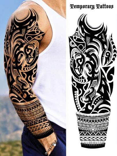 1 Sheet Full Arm Black Maori Temporary Tattoos Sleeve For Women Adults Legs Thigh Shoulder, Realistic Waterproof Long Lasting Fake Sleeve Tattoos For Men Stickers