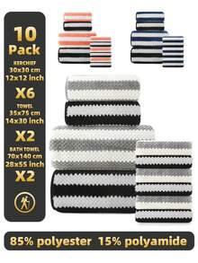 10 件/套 [6 条面巾 + 2 条毛巾 + 2 条浴巾]，珊瑚绒宽条纹菠萝图案毛巾沐浴套装，柔软舒适，快干，适用于沐浴、洗脸、健身、游泳和其他浴室用途 - 彩色 - 查看 3