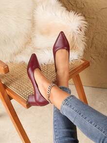 女士柔软绒面粗跟尖头平底鞋，加大码 44-45，小码 32-34，黑色、米色、鲑鱼粉色，舒适时尚的工作鞋 - 酒紅色 - 查看 3