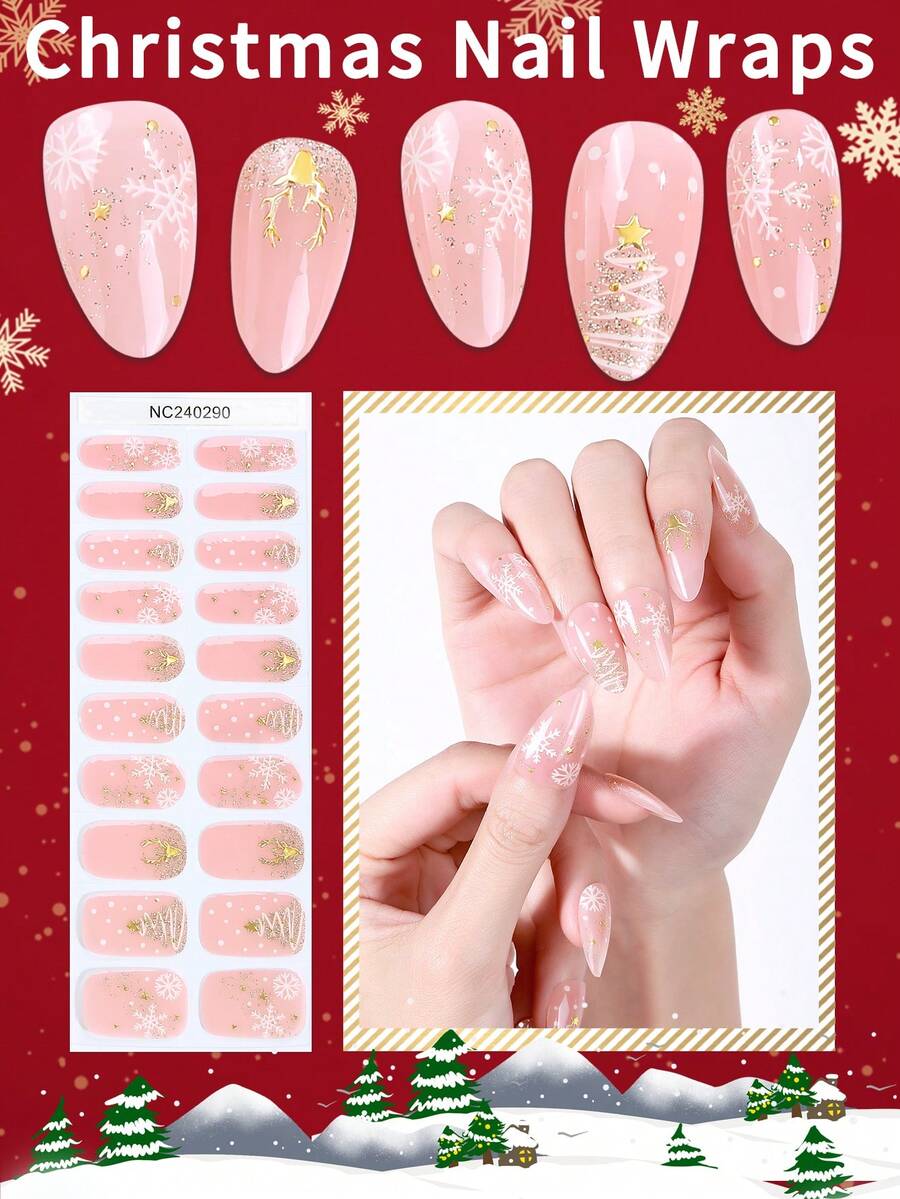 Beauty Sticker 20 miếng dán móng tay dạng gel bán cứng trang trí móng tay Giáng sinh, móng tay màu hồng 3D hình bông tuyết sao tuần lộc tự dán gel toàn bộ, bóng và lâu trôi, có thể sử dụng với bất kỳ đèn UV nào, phù hợp làm vật dụng trang trí móng tay cho phụ nữ để sử dụng tại nhà