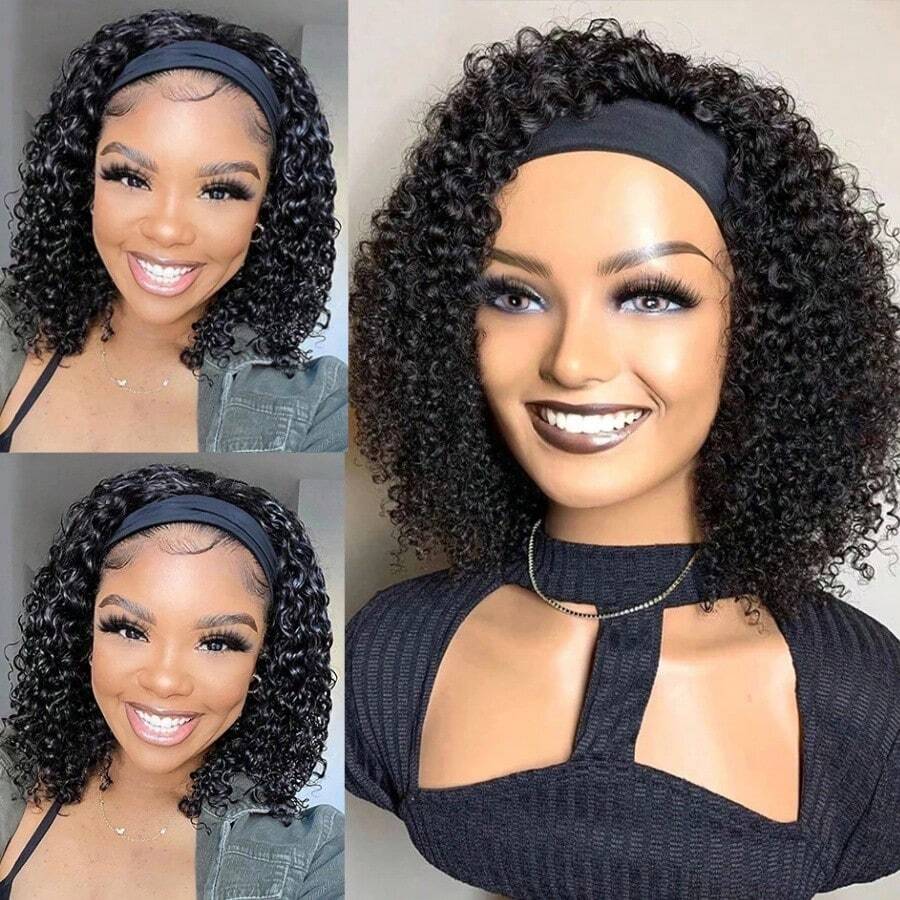 200% High Density Headband Wig Kinky Curly Headband Wig Human Hair Short Kinky Curly Wig 200% Density Scarf Wig - SNatural - View 1