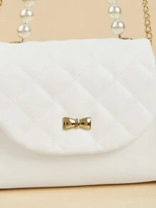 1个女童时尚公主风绗缝金属蝴蝶结珍珠迷你手提包，配链条肩带，适合日常外出和搭配服装 - A - 查看 5