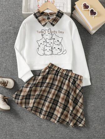 2 件套女童猫咪印花运动衫和格子裙套装，秋季的完美礼物