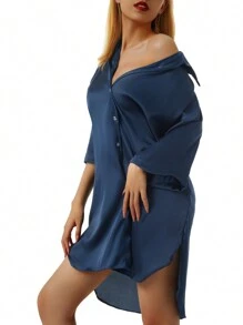 Womens Sleep Tops Underwear Summer Sleeping Shirt Half Sleeve Single Breasted Loose Nightshirt For Home Wear Lounge 4 Colors - 藍色 - 查看 9