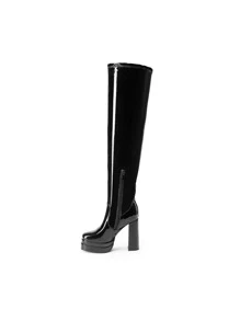 Women's Super High Heel Thick Sole Thick Heel Boots, Elegant Square Toe Sock Boots With Side Zipper For Autumn & Winter Party Daily Wearing - PU ĐEN - Xem 7
