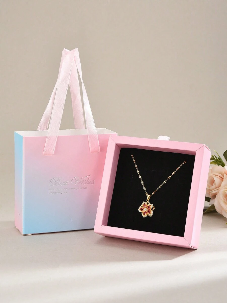 1 件装豪华礼盒装旋转五瓣锆石项链女士圣诞礼物 - 藍色禮盒會轉動的五瓣花項鍊 - 查看 1