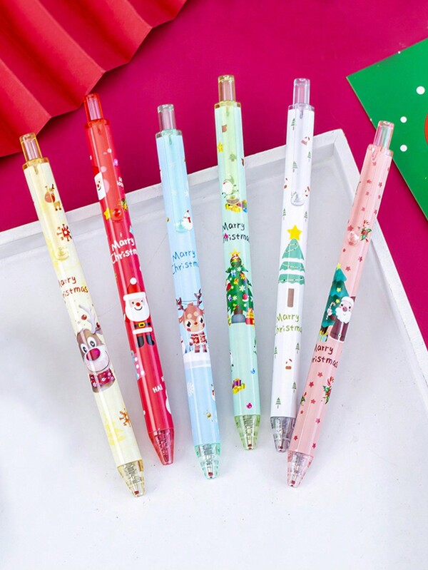 6 pièces de stylos à bille rétractables de style dessin animé, cadeaux de Noël, stylos à encre noire créatifs pour étudiants et bureau