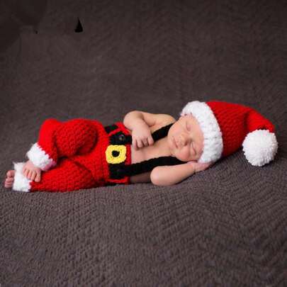 2pcs/Set Newborn Baby Crochet Santa Hat And Suspenders Costume Newborn Photography Prop Newborn Crochet Santa Hat Shorts With Suspenders Outfits Baby Shower Family Decorations Gifts Baby Shower Easter Gifts Things For Girls/Boys