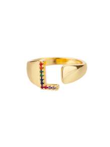1 Pc Fashion Colorful Zirconia A-Z Letter Ring For Women Gold Color Stainless Steel Geometric Open Initial Ring Wedding Engagement Jewelry Party Gift