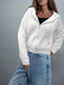 Zip Up Knit Drawstring Hooded Cardigan, Elegant Long Sleeve Outwear For Spring & Fall, Women's Clothing