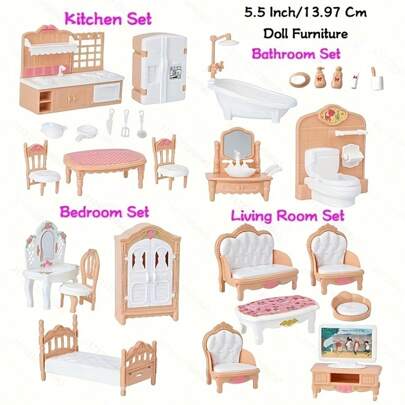 1:12 Scale Doll House Furniture Set, Includes Living Room, Kitchen, Bedroom And Bathroom Miniatures, Plastic Toys For 3-8 Years Old Girls - Pretend Play Housekeeping Series,Doll Kitchen,Dolls,Doll Toys,Dollhouse Accessories,Doll Toy,Kitchen Items>Doll
