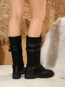 Women's Round Toe Thick Sole Side Zipper Mid-Calf Boots, Casual Outdoor Wear - Black - View 7