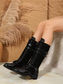 Women's Round Toe Thick Sole Side Zipper Mid-Calf Boots, Casual Outdoor Wear - Black - View 3