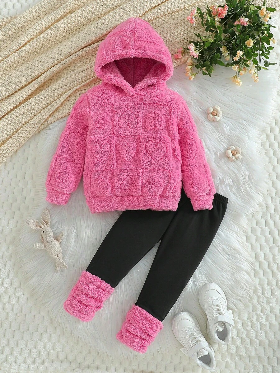 Young Girl Comfortable Hooded Sweatshirt And Plush Solid Color Casual Leggings Set, Winter Outfit