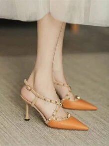 Sandálias da Moda com Rebite para Mulheres, Outono/Inverno 2025, Salto Alto Fechado Laranja Estilo Stilettos com Tiras Cruzadas, Sapatos de Vestido de Verão, Elegantes, Sapatos de Salto para Mulheres