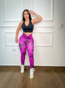 Gym Clothing Women's Fashion Polka Dot Drawstring Leggings Slim Waist Fitness - 玫瑰紅 - 查看 1