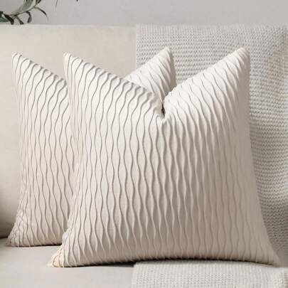 1pc Bohemian Style Striped Pillow Case In White, Soft Velvet Solid Decorative Square Cushion Cover For Sofa, Bed, Car, Home Decor, Party, Four Seasons Universal(insert Not Included)