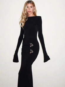 Elegant French Style Black Slim Fit Waist Cinched Long Dress With Ruched Details And Long Sleeves - Black - View 3