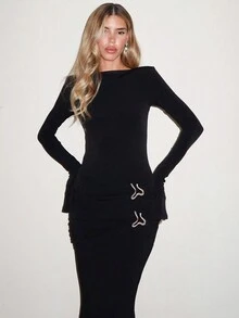 Elegant French Style Black Slim Fit Waist Cinched Long Dress With Ruched Details And Long Sleeves - Black - View 4