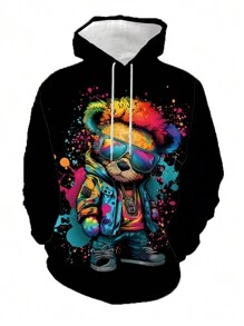 ZhuYa 大码休闲简约系列狮子图案印花连帽衫 - 宽松版型带袋鼠口袋长袖卫衣，街头休闲春秋季户外外套 - 黑色 - 查看 1