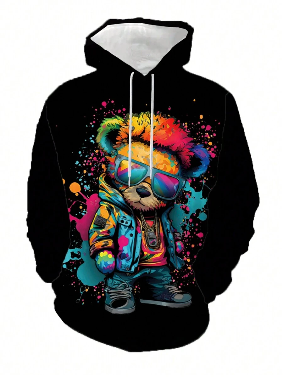 ZhuYa 大码休闲简约系列狮子图案印花连帽衫 - 宽松版型带袋鼠口袋长袖卫衣，街头休闲春秋季户外外套 - 黑色 - 查看 1