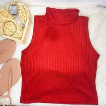 New Ribbed High Neck Crop Top - 紅色 - 查看 2