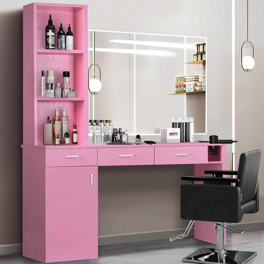Salon Station, Barber Hair Stylist Storage Cabinet With Drawer, Wall Mount Hair Styling Equipment With 3 Drawers, 3 Hair Dryer Holes, 3 Open Shelves,2 Compartments, Durable MDF, Organizer Equipment For Beauty Salon, Barbershop, Black/ Pink/ White - 粉色 - 查看 1