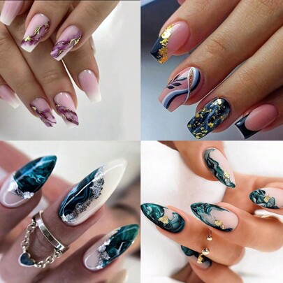 96Pcs Gold Foil Leaves Press On Nails Almond And Square Nails, Purple, Blue, Green Gradient Gold Foil Leaves Glitter Nails Art, Full Cover Removable False Nails Patch For Women Girls