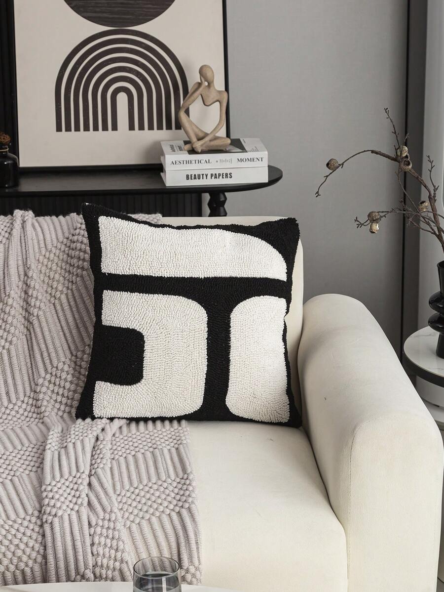 1 件/2 件黑白几何图案靠垫套，棉质帆布全印花天鹅绒刺绣精制枕套，波西米亚高密度舒适，适用于客厅、卧室、沙发、节日派对、户外花园装饰，适合所有季节，45*45 厘米（无填充） - 黑與白 - 查看 1