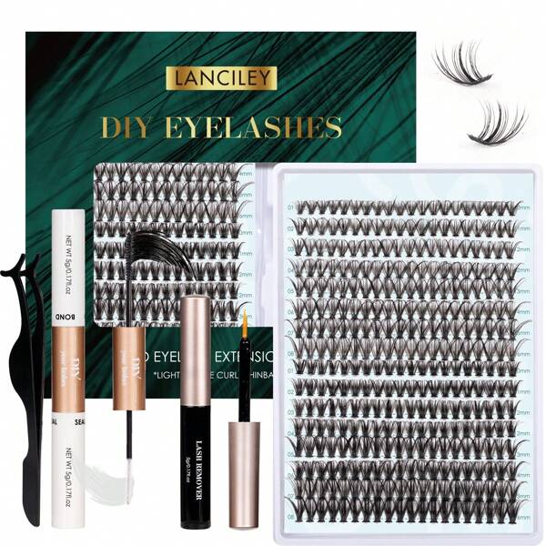 عدة تركيب رموش DIY 320 قطعة تحتوي على إكستنشن رموش كلستر مع لاش بوند وسيل رموش فردية تجعل الرموش الصناعية واضحة الوزن تجعلها تبدو طبيعية علاج اللاصق اللاصق إزالة لاصق الرموش ملقط لرموش صناعية