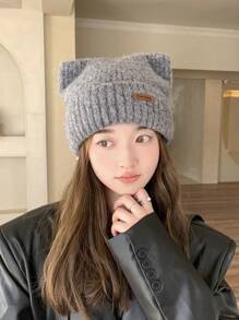 1pc Ladies' Knitted Beanie Hat With Leather Logo & Small Ears Design, White Color To Show Small Face And Keep Warm In Winter, Suitable For Daily Wear Cute - White - View 18