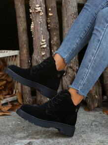 Stivali alla caviglia casual in nero comodi e caldi con fodera in pelliccia sintetica, con lacci, per le donne in inverno