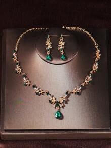 1 套女士金色经典水晶首饰婚礼新娘配饰包括皇冠、项链和耳环，4 件，适合婚纱、礼服、派对 - 金底綠色鑽 - 查看 8