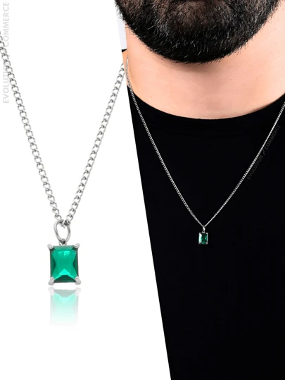 Colar Masculino Corrente com Pingente Zirconia Strass Verde Pedra Aço Inoxidável Não Fica Preto Correntinha Cordão Pode Molhar Antialérgico Origina Carnaval