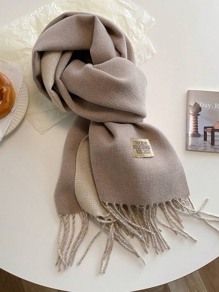 1pc Women's Winter Scarf, Beige Faux Cashmere Shawl Thick Warm Solid Color Double-Sided Blanket Scarf With Tassels, Outdoor Accessory