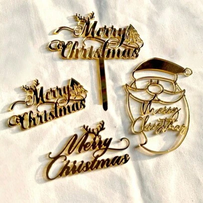 4 件圣诞金色亚克力蛋糕装饰，适用于圣诞派对蛋糕装饰 DIY 用品