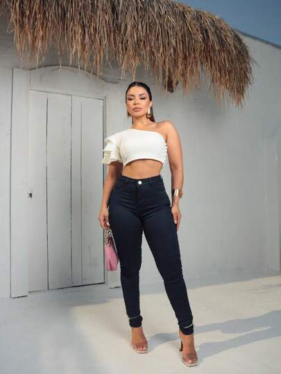 Calça Skinny Feminina Azul Marinho Básica Cintura Alta Levanta Bumbum, Wesen Jeans