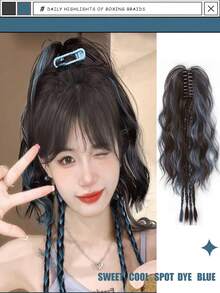 Ombre Pink High Ponytail Boxer Braids Synthetic Hair Extensions With Water Wave Texture And Colorful Clip-Ins - Blue Highlight - View 2