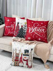 4pcs 45*45cm Decorative Pillowcase Linen Square Cushion Cover, Snowman&EIK& Tree Style Soft Pillow Cover For Party Home Room Sofa Chair Decorations Xmas Ornament, Pillow Core Not Included, Gifts, Decor, Back To School Home Decor Christmas Decorations Room Decor Christmas