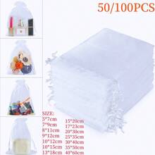 50/100pcs White Organza Gift Bags, New Year Party Candy Bags, Wedding Favor Bags, New Year Party Colorful Drawstring Organza Bags With Ribbons, Multiple Sizes, Baking Packaging Bags, Jewelry Gift Bags, Suitable For Weddings, Back To School Gifts, Family Gatherings, Celebrations, Outdoor Parties, All Seasons, Can Also Be Used As Fruit Protection Bags
