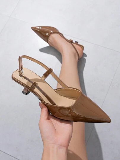 女士纯色尖头封闭式细跟露跟高跟鞋 - 优雅舒适，适合休闲、户外、通勤、春夏季，棕色 PU