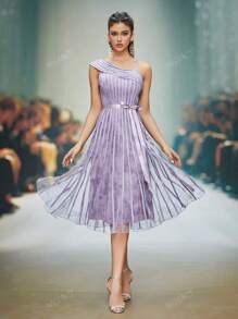 Mgiacy Vestido formal com decote assimétrico e estampa floral, bainha plissada em malha, vestido para eventos de casamento, vestido para convidados de casamento, vestido de noite