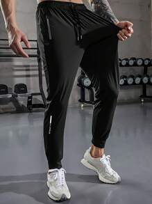 3pcs Boyfriend Style Men's Solid Color Elastic Waist Drawstring Zipper Pocket Casual Sports Workout Running Outdoor Pants, Spring & Summer