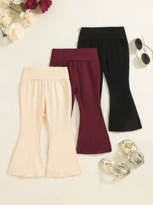 3 Packs Baby Girls' Elastic Waist Flare Leg Casual Pants, Can Be Worn Indoors & Outdoors
