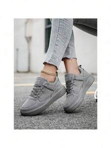 Women's Fashionable High-Grade Grey Breathable Lace-Up Casual Anti-Slip Sports Shoes, Outdoor All-Match Simple Style Thick-Soled Increasing Sneakers - Màu Khaki - Xem 2