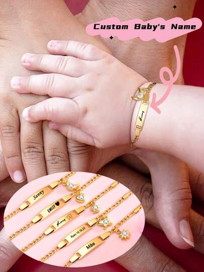 Personalized Name Bracelet Stainless Steel For Boy Girls Gift, Charms Moon With Cubic Zirconia Customized Jewelry, Name Free Customized Bracelet, Cute Birthday Anniversary Personalized Info Customization Bracelets Back To School Winter Gift Ideas Boy Girl Valentine's Day Multi-Functional,Ornamental,Engraved Exquisite,Stylish,Baby Fashion,Tidy,Colorful,Modern,Cute Kawaii Adorable Custom,Unique Treasurefinds,Baby Gifts,Cutebaby,Toddler Fashion Ideal Gifts For Him Family,Friends,Daughter,Son,Her For Children's Day