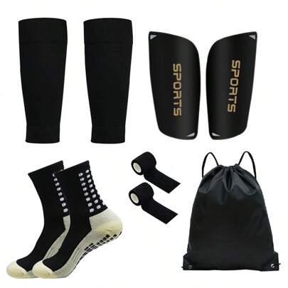 Set de 5 piezas de accesorios de fútbol que incluye bolsa con cordón impermeable, calentadores de piernas de fútbol, espinilleras, envoltura antideslizante para fútbol, calcetines de agarre para entrenamiento deportivo, para gimnasio, otoño